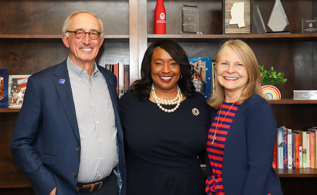 Janet and George Pilko of Houston, Texas, and Park City, Utah, visit with Ethel Scurlock, center, dean of the Sally McDonnell Barksdale Honors College. The Pilkos are co-chairing the Honors College’s steering committee for Now & Ever: The Campaign for Ole Miss, a comprehensive fundraising effort with a goal of securing $1.5 billion in private support.