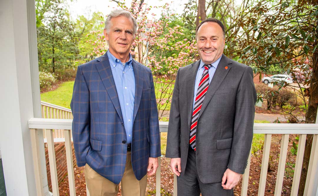 Donor Steven B. King of St. Louis, Missouri, left, visits with Lee Cohen, dean of the College of Liberal Arts, about his $1.3 million gift to support an environmental studies program at the University of Mississippi. The gift will fund a new faculty position and support efforts to build an environmental studies major.