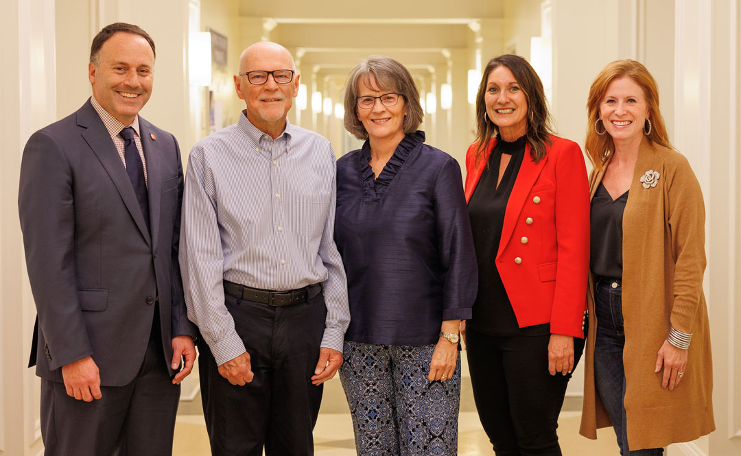 Alan and Debra Spurgeon (second and third from left) have made a $100,000 gift to the Ole Miss Department of Music, establishing a scholarship endowment specifically for choral music students. Pictured with them are (from left) College of Liberal Arts Dean Lee Cohen; Delia Childers, director of development for the College of Liberal Arts; and Nancy Maria Balach, chair of the Department of Music. Photo by Amy Howell 