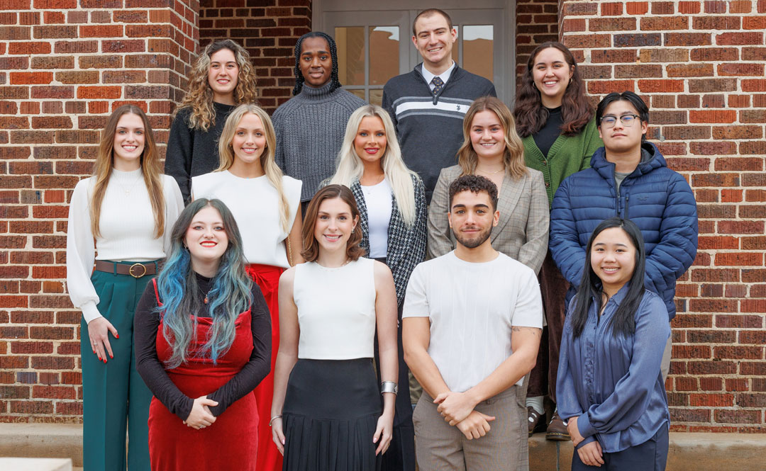 The inaugural Stamps Impact Prize recipients at the University of Mississippi are, front row left to right, Autumn Payne, Phoebe Johnson, Dylan Barker and Christina Nguyen; second row, Anna Owens, Emma Cochran, Lindsay Ashton, Ella Jordan and Joey Pham; and third row, Isabella Arthurs, Rod’Kendrick Harrison, Logan Baggett and Angel Morgan. The new competitive award program, which supports undergraduate-initiated, faculty-mentored research and creative achievement, was funded by E. Roe Stamps and his family and the university. Photo by Amy Howell