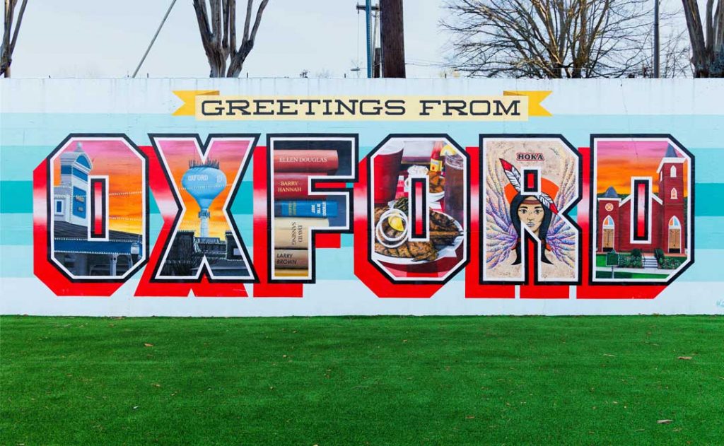 In April 2021, the “Greetings from Oxford” mural was painted in the parking lot behind City Hall. It’s another example of public art being part of the fabric of Oxford. The artwork was possible through a grant from the Mississippi Hills Heritage Alliance to Visit Oxford.